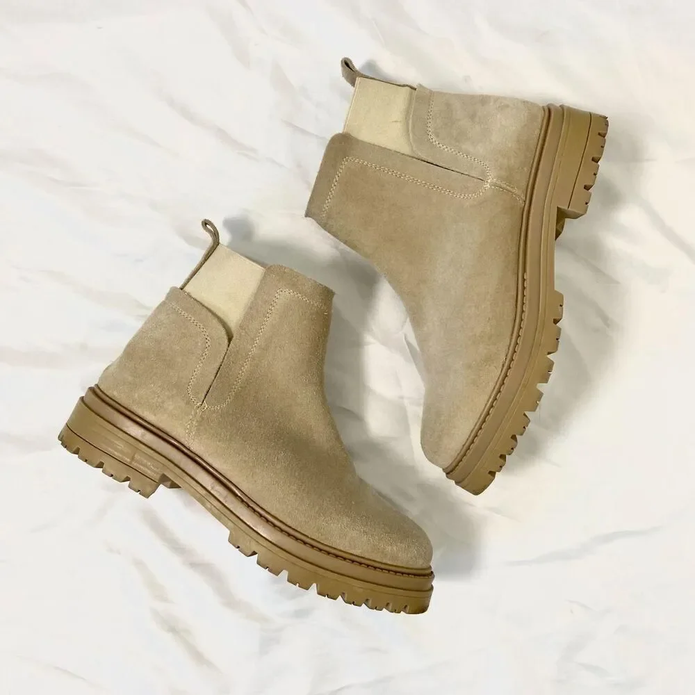 Steve Madden Moira Chunky Boho Suede Tan Cream Lug Sole Ankle Boots US 9 - Picture 3 of 8